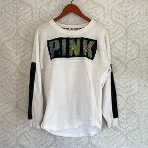 Victoria's Secret Pink Rainbow Sequin/Bling Black Varsity Stripe Long Sleeve, S